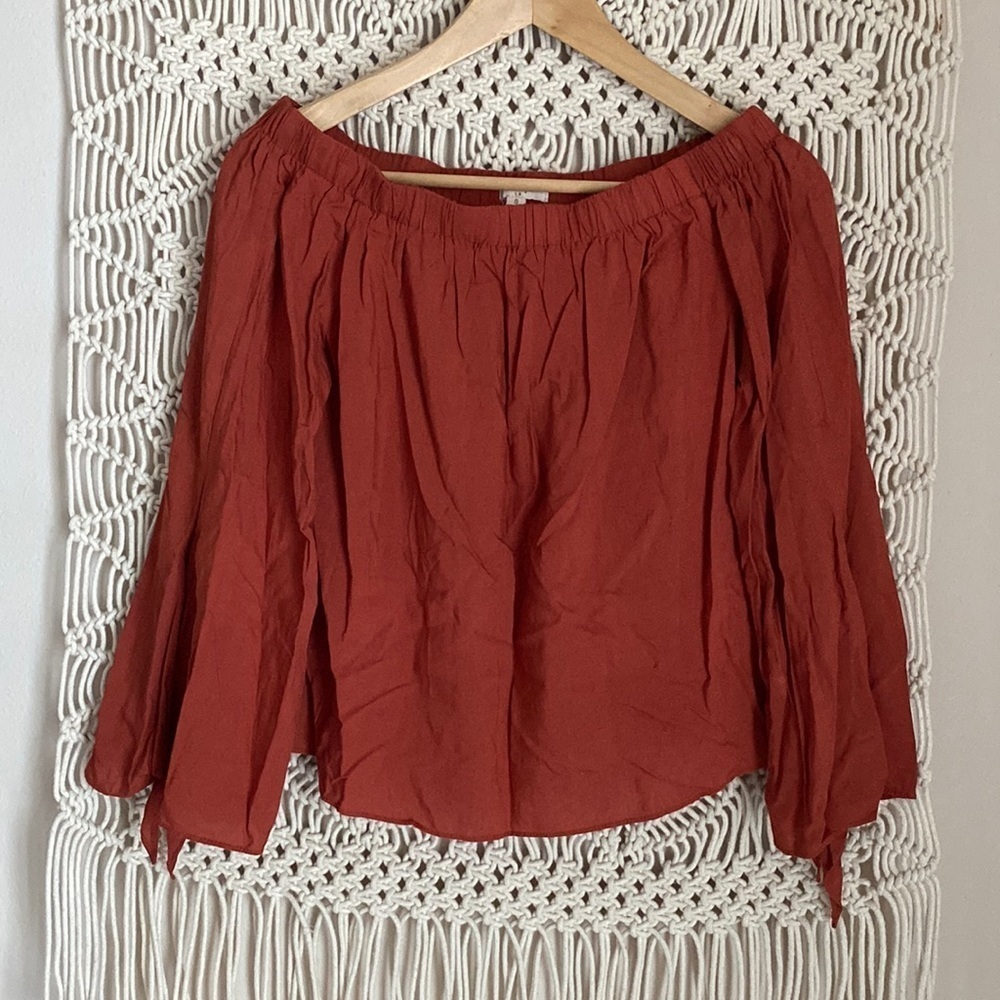 Ganji La,size small, off the shoulder, clay red top blouse,with tied 3/4…